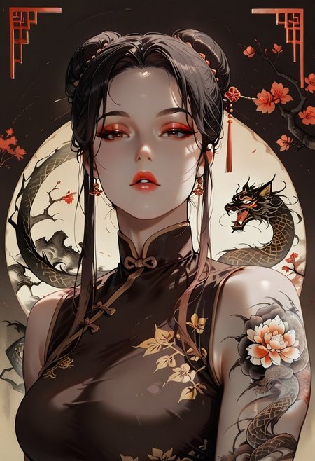 masterpiece, best quality, 32k, high resolution, absurdres, Chinoiserie, Mei, MeiRH,  1woman, mature woman, chinese woman, Very long black hair, brown gradient hair, high hair bun, brown eyes, asian eyes, pale skin, medium breasts,  full right arm tattoo, big back tattoo,  portrait, face closeup, front view, sleeveless Chinese dress, color splashes background, aesthetic, detailed eyes,  upper body, looking at the viewer, parted lips, red lipgloss, eyeliner, makeup