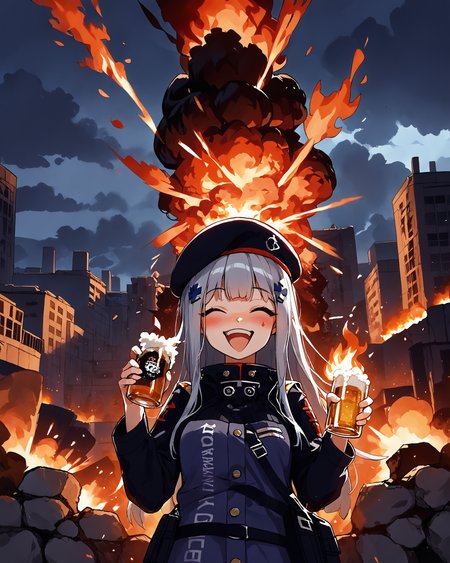 rating_safe, <lora:hk416.pony:1> hk416, def, beret, solo, holding beer bottle, drunk, laughing, heavy blush, <lora:ahebomb_pony:0.8>  explosion, cloud, smoke, building, burning city ruins background, explosions and flames everywhere in background, explosions, more explosions, more fire, through the fire and flames by dragonforce, fire and explosions covering whole background,