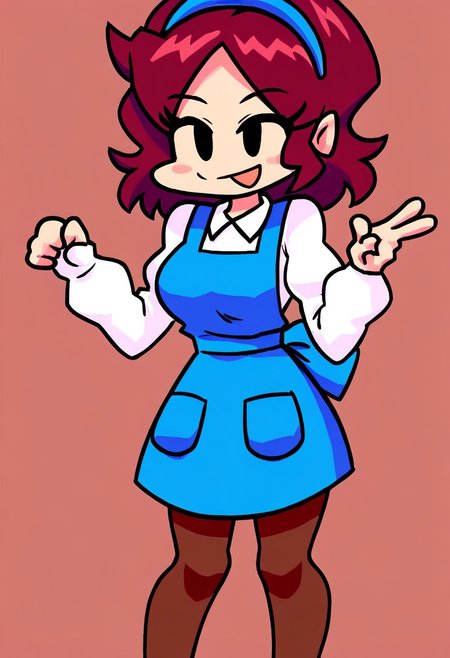 1girl, solo, smiling, (brown-pantyhose, white-collared-shirt, long-puffy-sleeves, blue-short-apron, blue-pinafore-dress, waist-tie:1.3), pink-wavy-pigtail-hair, (breasts, slim, curvy)