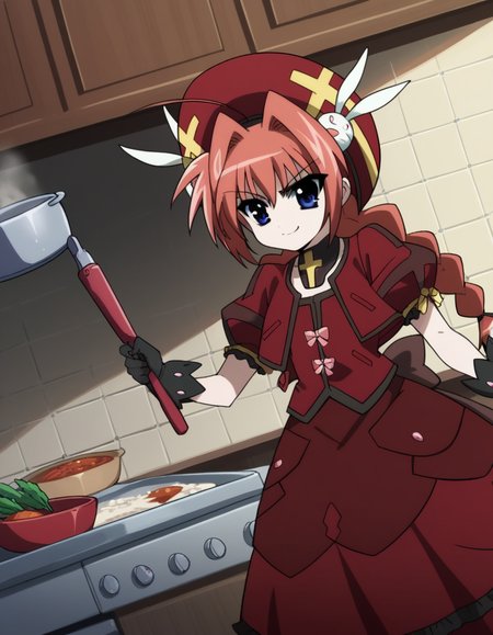 score_9, score_8_up, score_7_up, source_anime, <lora:vita-movie2-ponyxl-lora-nochekaiser:1>, vita, blue eyes, braid, ahoge, red hair, twin braids, rabbit hair ornament,, gloves, hat, dress, weapon, open clothes, open jacket, magical girl, red dress, cropped jacket, hammer,, kitchen, cooking, apron, cutting vegetables, home cooking, smile, , v,, solo,, dutch angle,
