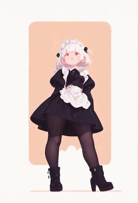 masterpiece, best quality, amazing quality, absurdres, newest, 1girl, solo, 
white hair, bobcut, pastel cyaneyes, blunt bangs, 
tight gossamer very short victorian black maid dress, maid apron, small breast,
(pastel hotel background with thick white border),
subtle fangs peeking out from slightly parted lips, tongue loosely hanging out, distant gaze, emotionless look, (dazed), 
BREAK,
(heroic pose, strong wind, dynamic pose, contrapposto pose, dynamic angle, stylish pose),
popping out of background, full body layout, from below, 
 jumping, floating,
 skinny upper body, bare feet,
[[chubby thick legs]], bottom heavy, black tights,
short high heel boots,
 thick eyelashes, white long eyelashes, 
ultra-realistic, Flatline, Flat vector illustration, haiz_ai, no lineart, no outline,
pplegs,  tianliang duohe fangdongye, small head,
<lora:haiz_ai_illu:0.8> <lora:flatline:1.65>  <lora:Slider-LimbWidth:1.75> <lora:Slider-LegLength:-1.5>  <lora:v0.04_Concept_pony:0.375> <lora:fangdongye_v1.2:0.66>  <lora:Small_head:0.7> <lora:illustriousXL_stabilizer_v1.72:0.2>