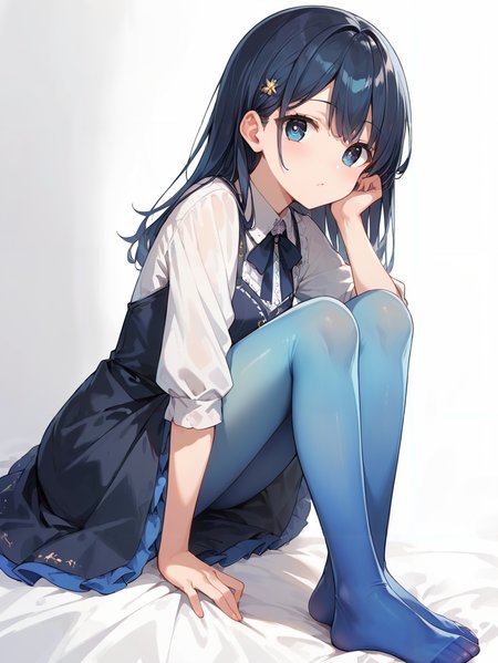 score_9, score_8_up, score_7_up,source_anime, high res image,masterpiece,best quality,(girl:1.0),cute face,clear skin,shiny hair,ultra detailed eyes,simple background, dress,<lora:gradient pantyhose_pony_V1.0:0.7> gradient pantyhose,blue pantyhose,no shoes