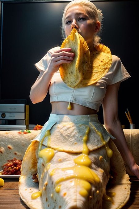 1girl, dripping, (yellow slime:1.3), kneeling, realistic, pretty, closeup, office, office uniform, pencil skirt, (white skirt:1.8), (eating a taco), (huge taco:1.6), (looking at viewer:1.5), (dimly lit:1.4), fashion photography, intricatedetails, taco with cheese