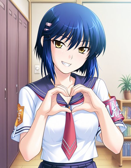 masterpiece, best quality, amazing quality, very aesthetic, absurdres, official art, ultra detailed,
1girl, solo, kurogane_otome(tsuyo_kiss ), blue hair, short hair, yellow eyes, hairclip BREAK
school uniform, white serafuku, skirt, armband, 
grin, looking at viewer, 
standing, heart hands, 
in room, upper body, sharp focus, depth of field
<lora:kurogane otome v1.0-000013:1>