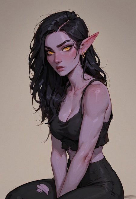 score_9, score_8_up, score_7_up, 1girl, tough, strong female elf sitting on a simple bunk in a dimly lit jail cell, stone walls and a barred window casting soft moonlight over the scene. The elf has purple skin, golden eyes with a weary hungover gaze, and long, slightly messy black hair. She is thin but toned, with a fit body and small waist. Her outfit is torn black yoga pants and a matching tank top. She has a groggy hungover look on her face, looking directly at the viewer, despite her disheveled appearance. Her expression and body language convey exhaustion, suggesting she’s recovering from a wild night. Subtle details like faint bruises, and a slightly flushed face hint at her hungover state. The setting emphasizes her raw and unrefined beauty, with textures of the cold stone and soft moonlight adding depth