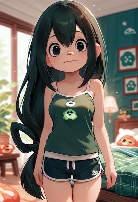 ZPDXL3, score_9, score_8_up, score_7_up, score_6_up, score_5_up, score_4_up, 
1girl, medium breasts, solo, 
dolphin shorts, camisole, bedroom, 
mhatsuyu, acvillager, chibi,