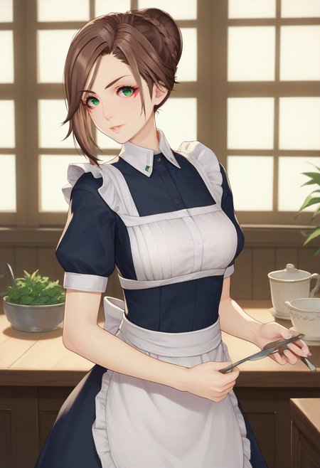 score_9, score_8_up, score_7_up, 1girl, solo, maid, dress, apron, green eyes, braided hair bun, short hair, alexandria, looking at viewer, simple background, indoors<lora:alexandria xl 004 fro 995:1>