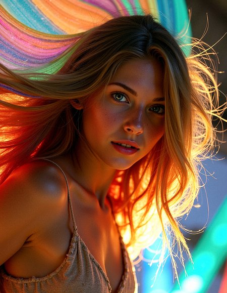 vintage style from 1930s,
Extreme realism in a complex, highly detailed composition featuring a woman with extremely long flowing rainbow-colored hair. The glowing background, with its vibrant colors, exaggerated details, intricate textures, and dynamic lighting, creates a whimsical, dreamy atmosphere in photorealistic quality.

Threads of light that float and weave through the air, adding movement and intrigue.
Patterns on the ground or in the background that glow subtly, adding a layer of complexity.Rainbows that appear faintly in the background, adding a touch of color and wonder.Butterfly wings that shimmer in the light, adding life and movement to the scene.Beams of light that radiate softly through the scene, adding focus and direction.Curtains of light that flow gently through the air, adding movement and a soft glow.

A close-up focusing on her wide, expressive eyes, with her hair flowing gently around her face.




