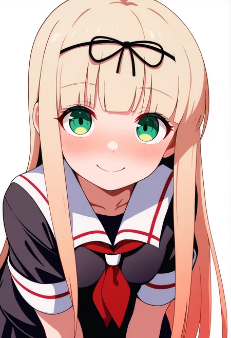 best quality, amazing quality, very aesthetic, absurdres,
1girl, yuudachi, blonde hair, long hair, straight hair, black hair ribbon, bangs, green eyes,
black serafuku, neckerchief, pleated skirt, red neckerchief, school uniform, short sleeves, white sailor collar,
upper body, smile, 
looking at viewer, solo, simple background, white background,      <lora:YuudachiNoobXL_byKonan:1>