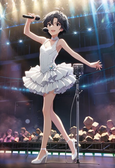 score_9,score_8_up,score_7_up,score_6_up,source_anime, <lora:Worldly_XL:1.00> industrial port, seaside, (rock concert, microphone stand, microphone:1.3), 
1girl, solo, full figure, standing, dynamic pose, singing, dancing, <lora:KikuchiMakoto_pony_v1:0.9> kikuchi makoto, kkcmkt, short hair, black hair, antenna hair, hair between eyes, black eyes, flat chest, small breasts,  (long legs:1.2), white dress, white shoes, delicate strappy heels,
hands, <lora:detailed_hands:1.05> <lora:HandFineTuning_XL:0.65>
<lora:loraeyesxl:0.65>
zPDXL, zPDXL-neg