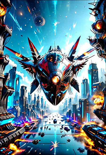 high quality, 8K Ultra HD, highly realistic, The great and sleek black ship is moving forward, flying over a futuristic cyberpunk city.  It has powerful guns that are firing blue lasers . Embark on an enchanting 8K photorealistic journey. The starship's design boasts advanced technological elements. The camera captures every minute detail, by VelvetS, octane render,from slightly to the side.  perfectly symmetrical ship.  Weapons fire blue energy beams, 
<lora:DonM3t3rn1tyXL-v1.1:0.7>, DonM3t3rn1tyXL,
OverallDetailXL  <lora:MJ52:0.3>  <lora:SDXLFaeTastic2400:0.4>