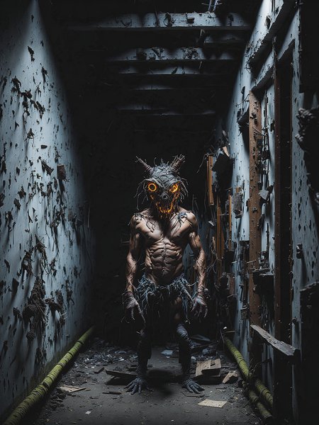 Same as the first but with "A disturbing creature with red glowing eyes"