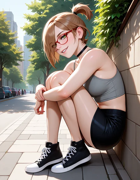 masterpiece, best quality, very aesthetic, absurdres,
outdoors,
full body, seductive smile, parted lips, long eyelashes,
 <lora:Darcy_Redd_v01_NAIXL:1>
D4rcy_r3dd,1girl,solo,short hair,brown hair,ponytail,hair over one eye,red-framed eyewear,green eyes,mole under eye,choker,
