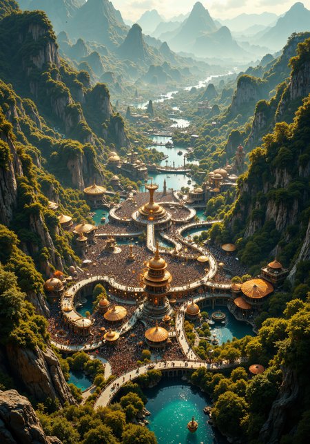 A sweeping aerial view encapsulating an immense gathering of thousands engaged in a dynamic, artistic festival within a lush, sustainable landscape. Immersive ceremonial rituals, futuristic art installations, and vibrant parades merge with organic eco-friendly structures, all interwoven with nature's expansive greenery and pristine bodies of water. The scene boasts intricate details of massive, surreal crowd formations that echo the pulse of creative expression, rendered in hyper-detailed 8k quality. Expansive atmospheric backdrops, breathtaking natural light, and vivid gradients complement the harmonious fusion of modern innovation and nature's timeless beauty. An epic tapestry of sustainable design, immersive art, and exquisite biodiversity, all converging in a mesmerizing celebration of human creativity and environmental unity. <lora:FluxMythR3alisticF:0.8> <lora:ç»ªå¿ CGé£æ»¤éFLUX:0.3> <lora:Niji B:0.4> <lora:flux_dev:1>