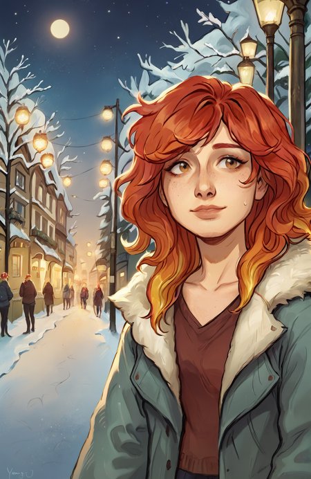 score_9, score_8_up, score_7_up, score_6_up , yangj ,masterpiece, best quality, comicbook_illustration, source_cartoon, (lineart:1.2),  (hires textures, high detail:1.2),
winter, fur coat, village, street, (by night:1.4), cold, fairy lights, 
cute girl, shoulder-length vibrant red hair with gentle waves, warm copper highlights adding depth, soft side-swept bangs framing the face, natural shine for a healthy and lively look, creating a sweet and approachable style with a touch of warmth, light freckles, 
 <lora:yangjXLP:0.9> <lora:3mpr3ss3XLP:0.8> 3mpr3ss3