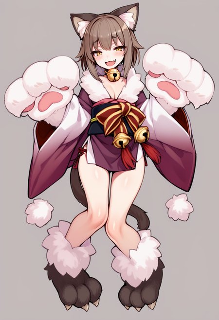 masterpiece, best quality,<lora:MonsterGirlXL_ANI31_lokr_V43P1NF:0.95> 1girl, animal ears, solo, tail, multiple tails, animal hands, cat ears, yellow eyes, bell, brown hair, cat tail, japanese clothes, two tails, short hair, heart tail, cat paws, nekomata, simple background, fang, open mouth, kimono, heart, smile, full body, jingle bell, monster girl, white background, neck bell, claws, short kimono, blush, looking at viewer