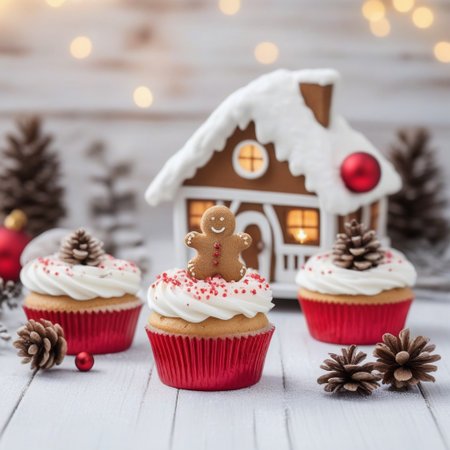 Christmas cupcakes with WHITE frosting and cute GINGERHOUSE on, 
on white wood rustic table, 
Decoration with natural elements, 
twigs, 
pine cones and cookies panorama with magic bokeh lihgts, 
red shiny ornaments, 
snowing