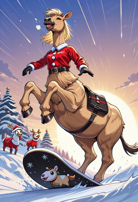 masterpiece, best quality, high quality, good quality, camel, camel punk, christmas outfit, snowboarding, christmas animals, d2j3m0x