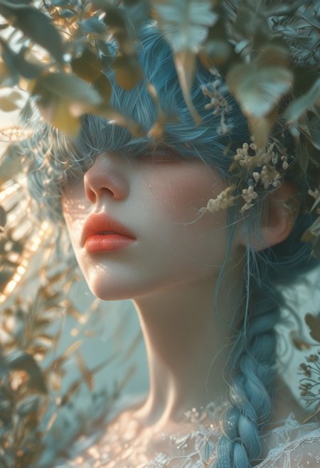 (Score_9:1.1), score_8_up, score_7_up,
(limited lighting, high contrast, laser beams, highres, closed_mouth:1.4, absurdres) 
Fl0ralD0lls 
solo, bunny ears, human woman, curious, (ferns:1.3), realistic, focus on face, hime cut, pacific blue hair, (hair over eyes:1.4),((hair in very long single braid)), big lips, full lips, glossy lips, matte skin, matte colours