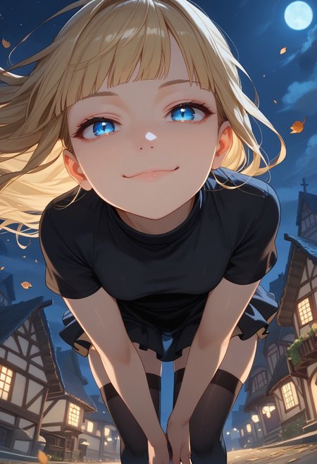 (score_9, score_8_up, score_7_up), shiny skin,
black dress, short sleeves, pleated dress, 
1girl, solo, blonde hair, blue eyes, long hair, hime cut, small breasts, collarbone, windy hair, wind, flying leaves,
BREAK, from above, (face focus, close-up:1.4), from below,
standing,  (dutch angle:1.2), (black stockings, thighhighs, focused face:1.1),village, night, moonlight, magic lights, smug