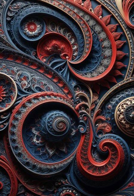 photo of a paisley pattern, boteh, paisley, navy blue, madder red, almond, entwined paislies, official art, aesthetic, dynamic angle, hyper detailed, order and chaos, dark colors, (extremely detailed, intricate details, masterpiece, best quality, 8k wallpaper:1.4), dramatic lighting, (dark blue and madder red palette:1.2), twisting paisley