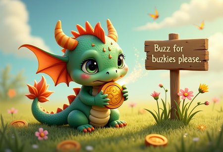 A chubby baby dragon sits in the middle of a grassy meadow, looking adorably helpless. Its tiny wings are too small to lift its round body, and it’s pouting with big, watery eyes that glimmer in the sunlight. The dragon’s scales are a soft pastel green with hints of gold, and its tail curls around a large buzz coin that it’s trying to nibble on like candy. Sparks of energy flicker from the coin, causing the dragon to sneeze little puffs of smoke.
Around the dragon are scattered coins and flowers, with a hand-painted wooden sign planted in the grass that reads:
“Buzz for snacks, please!”
Above its head, a speech bubble adds:
“Baby needs buzzies!”
The whole scene is bathed in warm, golden light, with butterflies fluttering nearby and fluffy clouds overhead. The baby dragon’s tiny claws and goofy expression make it irresistibly cute, perfectly capturing the innocent charm of a little creature just trying to gather some buzz.