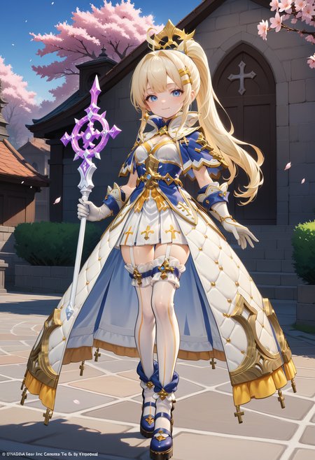 masterpiece, best quality, very aesthetic, absurdres, rom_saint_xl,
1girl, blonde hair, ponytail, hair ornament, blue eyes, light smile,
standing, full body, looking at viewer, one hand holding staff, outdoors, church, cherry blossoms, sunrise, falling petals, light rays, tyndall effect, vivid colors, tranquil and magical atmosphere,
shiny skin, beautiful face, beautiful eyes, extreme detailed, official art, professional illustration, hires,
<lora:rom_saint_pony_xl:1>, <lora:aesthetic_anime_v1s:0.5>, <lora:add_details_xl:0.5>