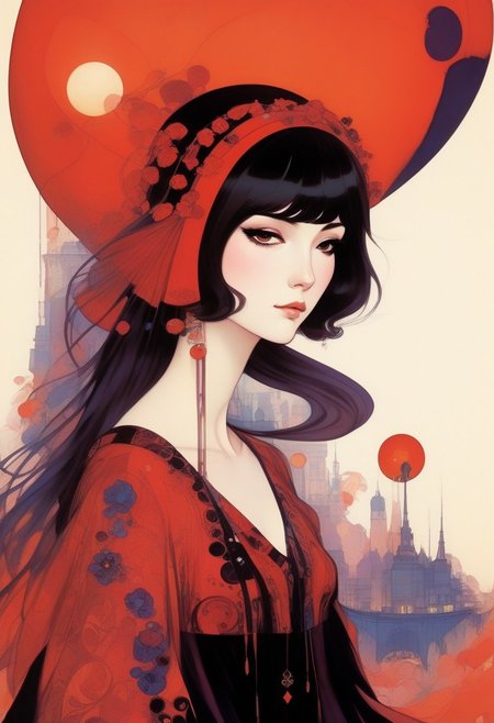 ,tj,LocationInformation,in the style of 2d game art,characterized girl,dmitry vishnevsky, black and red,cute and dreamy,editorial illustrations,kawai girl ,detailed drawing,