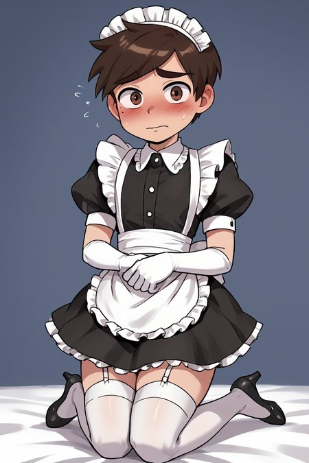 score 6 up,score 7 up, score 8 up,score 9,blush,short sleeves,looking at viewer,  <lora:marco_diaz:0.7>,marco diaz,brown hair,mole under left eye,short hair,solo,thick eyebrows,<lora:Lucyla_Art_Style:0.4>,male focus,maid headdress,maid uniform,,embarrassed,black heels,white elbow gloves, white stockings
