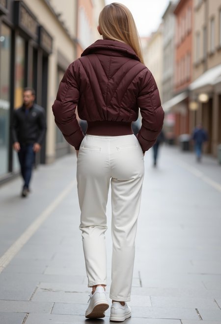 clo017, full body shot of a beautiful woman, lang blond hair, wearing a cropped chocolate-brown puffer jacket with V-shaped quilting on the back, ribbed waistband, long white trousers, white sneakers, rear view, posing on a shopping street