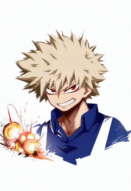 1boy, male focus, red eyes, bakugou katsuki, solo, spiked hair, blonde hair, explosion, white background, smile, looking at viewer, blue shirt, simple background, teeth, shirt, grin, upper body, collared shirt <lora:solaXL_NBVP1_lokr_V6311PZ:0.95>