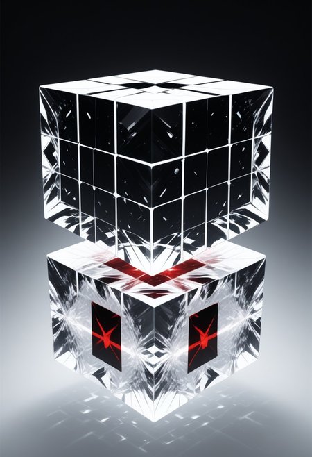 (masterpiece), best quality, Anime, (Floating Cube), White Background, No Humans, Black and Red Theme, (Light Refraction), Symphtia-Style