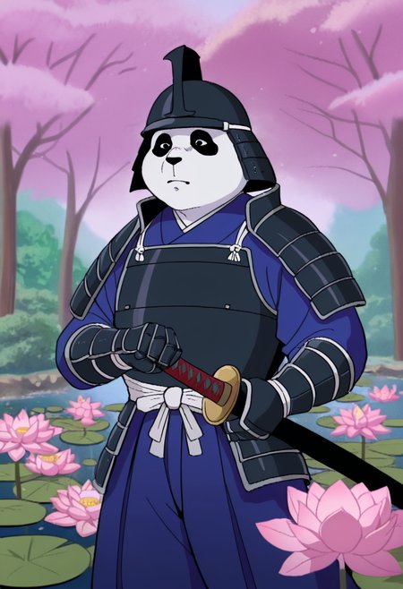best quality, masterpiece, absurdres, newest, highly detailed, (official style: 1.1), cartoon, parody, 
<lora:TMNT_1987_-_Cartoon_Screen_Captured_Style:1> 1987tmnt5tyl3, outdoors, Japanese scenery, lotus blossoms, pink flowers, trees, 1boy, samurai, male focus, samurai helmet, armor, gauntlets, katana,masculine, dark eyes, panda, cowboy shot,