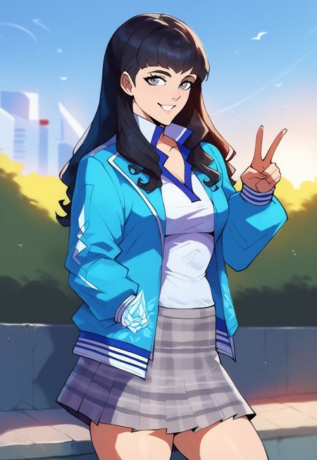 safe_pos, score_9, score_8_up, score_7_up, score_6_up, masterpiece, absurdres, realistic, detailed, (perfect anatomy:1.1),  perfect body, (perfect hands:1.2), fullbody shot, solo, outdoors, rooftop
BREAK
taosmtv, long hair, black hair, blunt bangs, grey eyes, jacket with puffy sleeves, lightblue jacket, white shirt, v neck, blue trim collar, grey skirt, plaid skirt, smile, perky tits, 