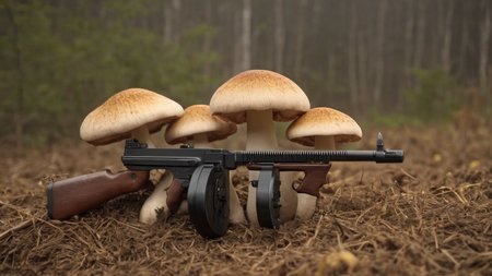 cinematic movie scene, group of mushrooms holding tmmygn submachine guns, sunrise, warm light, 
 <lora:Thompson_Submachine_Gun_-_1928_SDXL:0.8>