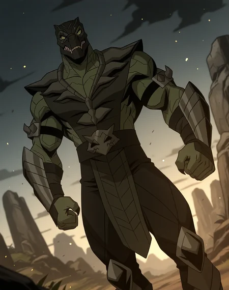 <lora:Reptile_(Mortal_Kombat_Legends_Scorpion's_Revenge)_(Illustrious)_(AD):1> Reptile_MK, muscular, Mortal Kombat, 
dutch angle, exterior, monumental architecture, wasteland, dark night sky with black clouds, mountains, ancient Asian stone ruins, 
male focus, gradient coloring, villain, intimidating, fierce, cowboy shot, 
BREAK very awe, aesthetically pleasing, masterpiece, best quality, amazing quality, very aesthetic, perfect depth of field shot, in'ei, source_furry, furry_art, 
Smooth Quality, lazympos, IllustQualXL_Pos,