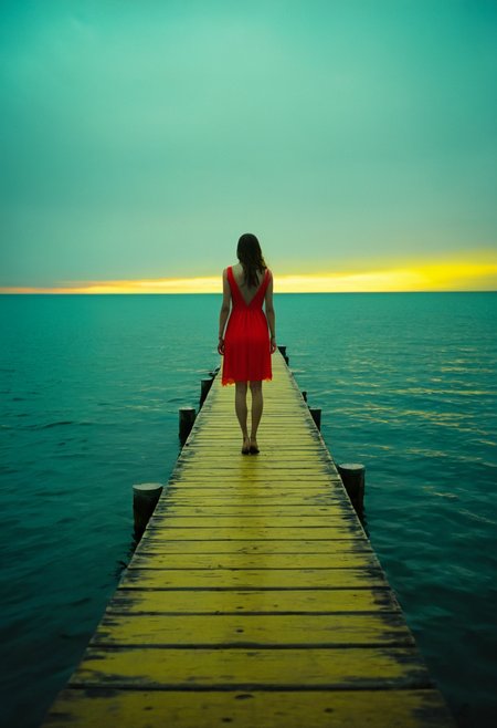 imagine, dream of, Photograph, Photograph, (teal, bright red, bright yellow, on a floating dock in the middle of a sky ocean, lifelike, stunning, clear, vibrant:1.2) (distant figure in red dress standing at the end of an old yellow pier:1.3), Fine art, Sad, Confused, moody lighting, Cinematic, film camera, Selective focus, Film grain, emotional, Photograph, Photograph, (teal, bright red, bright yellow, on a floating dock in the middle of a sky ocean, lifelike, stunning, clear, vibrant:1.2)  , Fine art, Sad, Confused, moody lighting, Cinematic, film camera, Selective focus, Film grain, emotional
  <lora:1990sAnalogStyle:0.7> <lora:Flux-style-xl-lora:.3> <lora:CinematicStyle_v1:0.7>