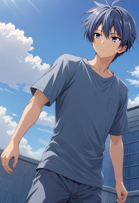 high resolution, solo, best quality, 1Boy, Tomoya Okazaki, Grey Blue Hair, free fall, sky , OverallDetail