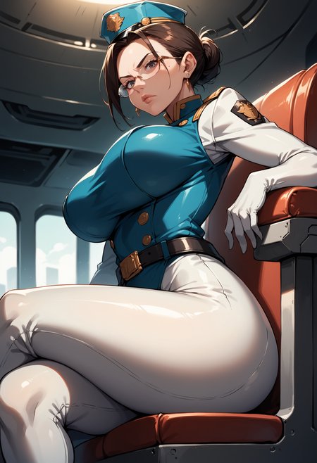 score_9, score_8_up, score_7_up BREAK spacecraft interior, science fiction, mature female, military uniform, blazer, white gloves, bodysuit, skin tight, high collar, rectangular eyewear, semi-rimless eyewear, mole under eye, serious, forehead, tied hair, [half-updo|folder ponytail], pursed lips, sitting, chair, armrest, officer, impossible clothes, crossed legs, from below, from side, huge breasts, wide hips, female service cap, looking down, looking at you,holding folder, belt, belt buckle, earrings,