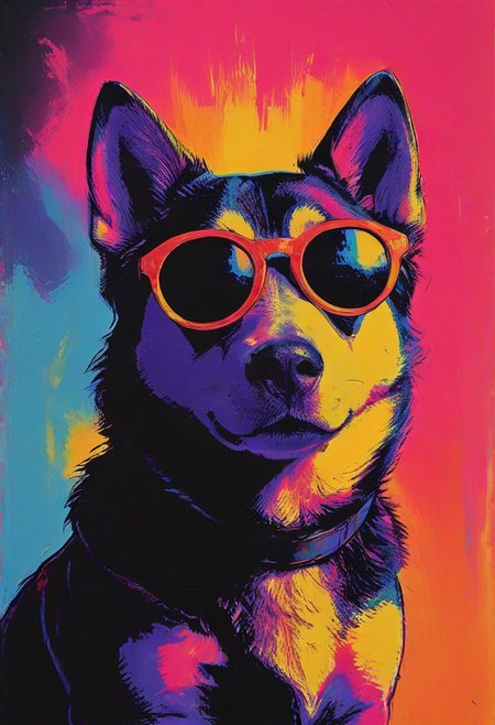 impactful color paint of, a husky puppy wearing dark sunglasses, highly detailed, vibrant colors , 8k, sharp, professional, clear, high contrast, high saturated, , vivid deep blacks, crystal clear
