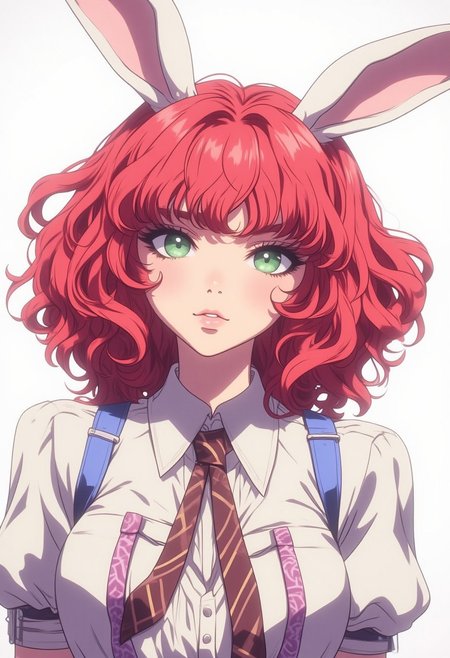 rabbit girl,furry,redhead,green eyes,white rabbit ear,solo,clothing,