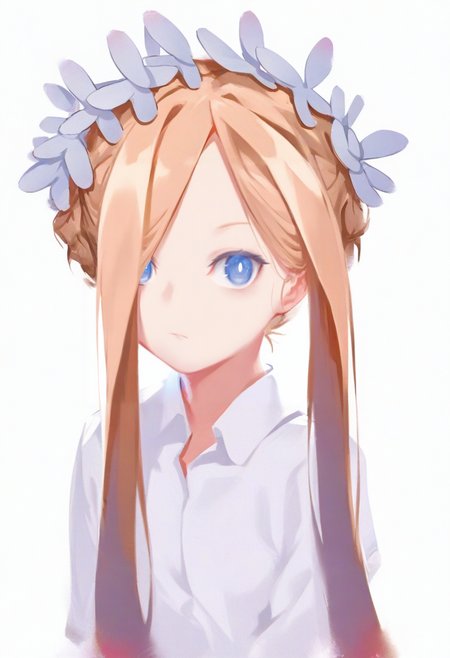 1girl, blue eyes, solo, abigail williams \(fate\), blonde hair, long hair, bangs, white background, looking at viewer, official alternate costume, sidelocks, parted bangs, simple background, braid, hair ornament, upper body, closed mouth, forehead, white shirt, butterfly hair ornament, maid headdress, shirt <lora:solaXL_NBVP1_lokr_V6311PZ:0.95>
