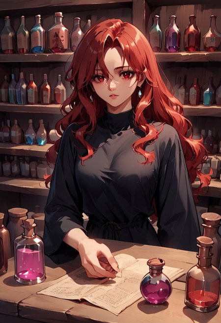 score_9, score_8_up, score_7_up, Expressiveh, masterpiece, source_anime, retro artstyle, Miia, red hair, red eyes, black robes, brewing a potion, working at an alchemist shop, fantasy, indoors, bottles, alchemist tools,
