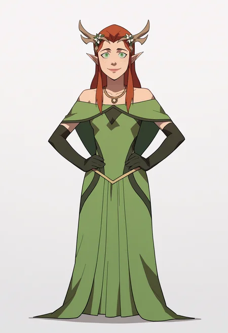 score_9, score_8_up, score_7_up, BREAK,
1girl, keyleth, ginger hair, green eyes, long hair, pointy ears,
antlers crown, 
bare shoulders, black elbow gloves, green dress,  necklace, formal,
hands on hips, full body, standing, smile, solo, looking at viewer, simple background, white background   <lora:KeylethPDXL_byKonan:1>