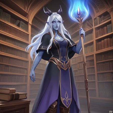 score_9, score_8_up, score_7_up, professional 3d render of aara, female, long hair, colored skin, grey skin, facial mark, horns, bangs, pointy ears, capelet, chest tattoo, side breasts, boobs, female body, belt, skirt, dress, boots, he's standing by a library, in an elven palace room, fantasy genre, bookshelves in the  background  <lora:Classic Fantasy:0.25> FANTASY, CLASSICFANTASY,  CLASSICFANTASY ART, <lora:fantasy_world_pony:0.25>  <lora:AaravosPonyLora:0.8> holding a staff, she's surrounded by an energy aura, blue aura, glowy aura, spectral entity  <lora:ghostly:0.3>