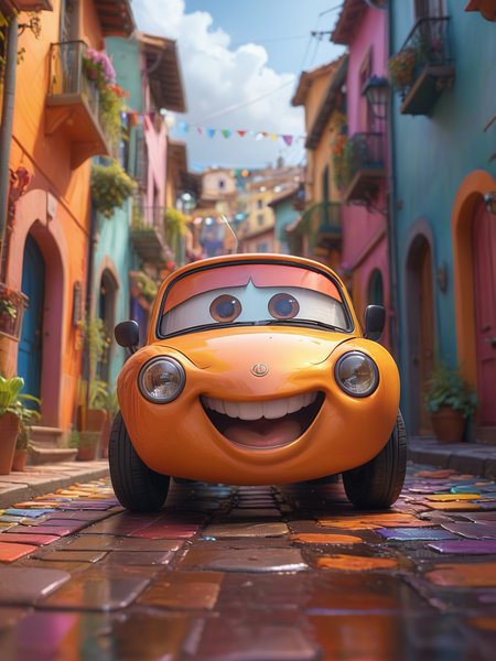 Draw a happy little car zooming down a colorful street with a big smile on its face.   <lora:Cute_3D_Cartoon:0.8>