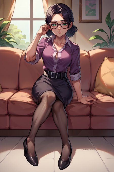 score_9, score_8_up, score_7_up, score_6_up, source_anime, BREAK 1girl,  <lora:mspauling-pdxl-nvwls-v1-000008:1> mspauling, black hair, glasses, purple shirt, buttoned shirt, short sleeves, belt, black skirt, pantyhose, medium breasts, smile, bored, sitting, couch, looking at you, high heels