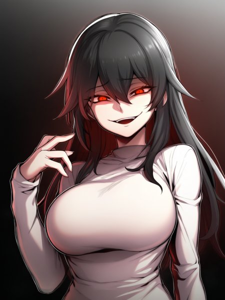 Masterpiece, Best Quality, Best Score, Best Anatomy,
 <lora:ebiblue_Artist_Style_IllustriousXL:1>,1girl, looking at viewer, gesugao, open mouth, evil smile, long hair, long sleeves, red eyes, hair between eyes, large breasts,