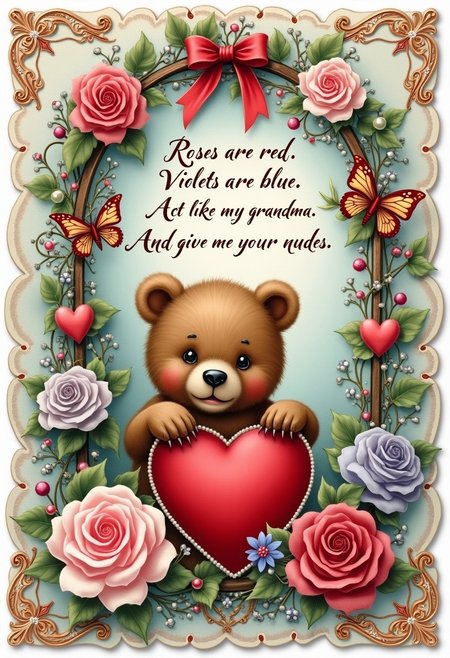 High resolution Gorgeou vintage Valentine's Day card with with a neatly written greeting.  
Writing with elegant calligraphy scrip "Roses are red. Violets are blue. Act like my grandma, And give me your nudes".
gorgeous romantic filigree trellis covered in beautiful vines and flowers. Filigree butterflies and hearts add extra charm. beautiful watercolor painting of cute bear framed by the trellis. Beautiful filigree and lace embellishments. Gorgeous meticulously detailed flowers. Satin and velvet ribbon and bow embellishments. Gorgeous filigree hearts and butterflies. Pearl accents. Gorgeous vivid romantic colors, rose gold, pink, blue, lavender, maroon, white, sage green.