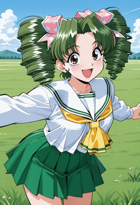 shimura_mami, brown eyes, green hair, twin drills, twintails, hair ribbon, pink ribbon, school uniform, serafuku, white sailor collar, yellow neckerchief, white shirt, long sleeves, green skirt, pleated skirt, <lora:Graduation_shimura_mami_illustrious_ver1:0.8> 
smile, open mouth,, masterpiece, best quality, sensitive,, 1girl, solo, blue sky, (grasslands:1.2), looking at viewer,, (cowboy shot, dynamic pose:1.4),